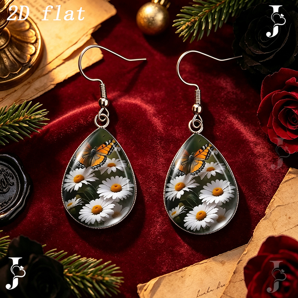 Teardrop Dangle Earrings with Vintage Butterfly Daisy Floral Pattern